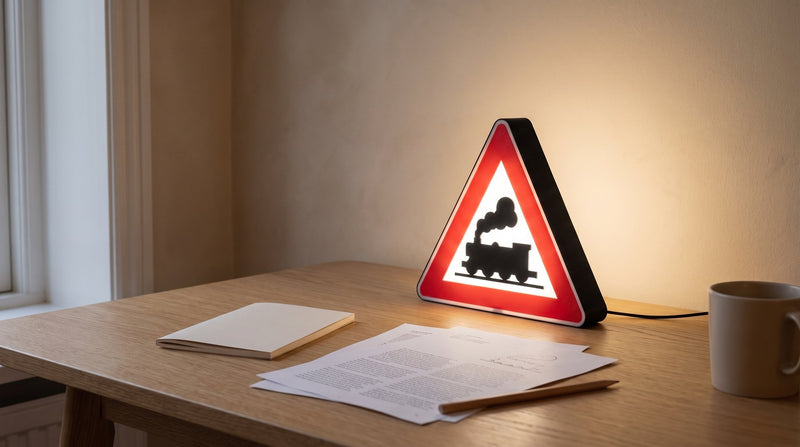 Leuchtende LED-Motivlampe mit Bahnübergang-Motiv auf einem hellen Eichenschreibtisch, daneben ein Heft und lose Blätter
