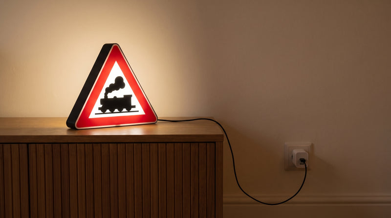 Leuchtende Bahnuebergang-Lampe, deren Kabel in einem gewoehnlichen Steckernetzteil in der Wandsteckdose endet