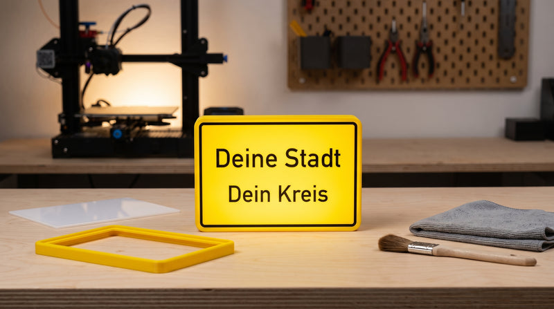 Fertige Ortstafel-Lampe auf der Werkbank, daneben ein frisch gedruckter Rahmen, Acrylzuschnitt und Werkzeug