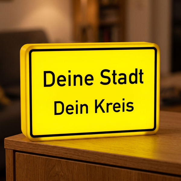 Leuchtende Ortstafel-Lampe mit der Aufschrift Deine Stadt, Dein Kreis auf einer Kommode