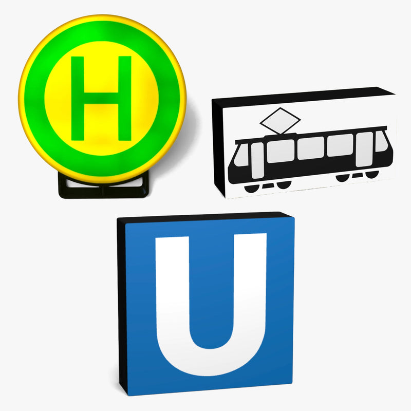 Set aus drei Lampen: Haltestelle Zeichen 224, Straßenbahn Zeichen 1010-56 und U-Bahn Station, nebeneinander