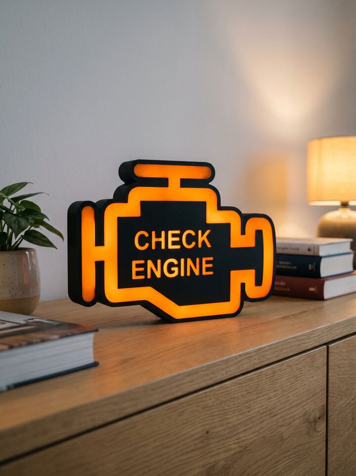 Leuchtende Check-Engine-Lampe auf Holzsideboard